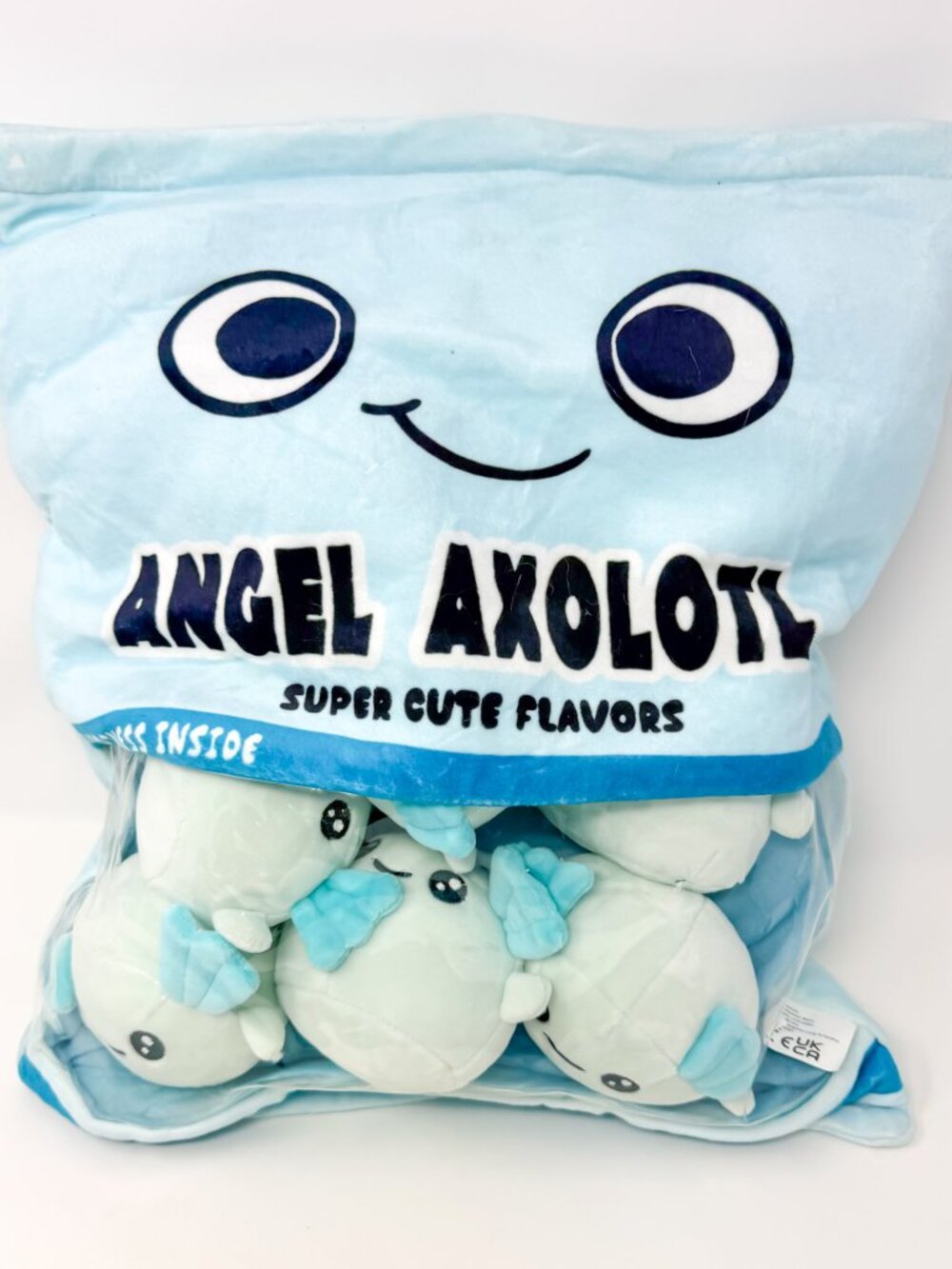 Angel Axolotl Squishable Plush Snack Bag w/ 6 Axolotls Blue 14"X16" Pillow